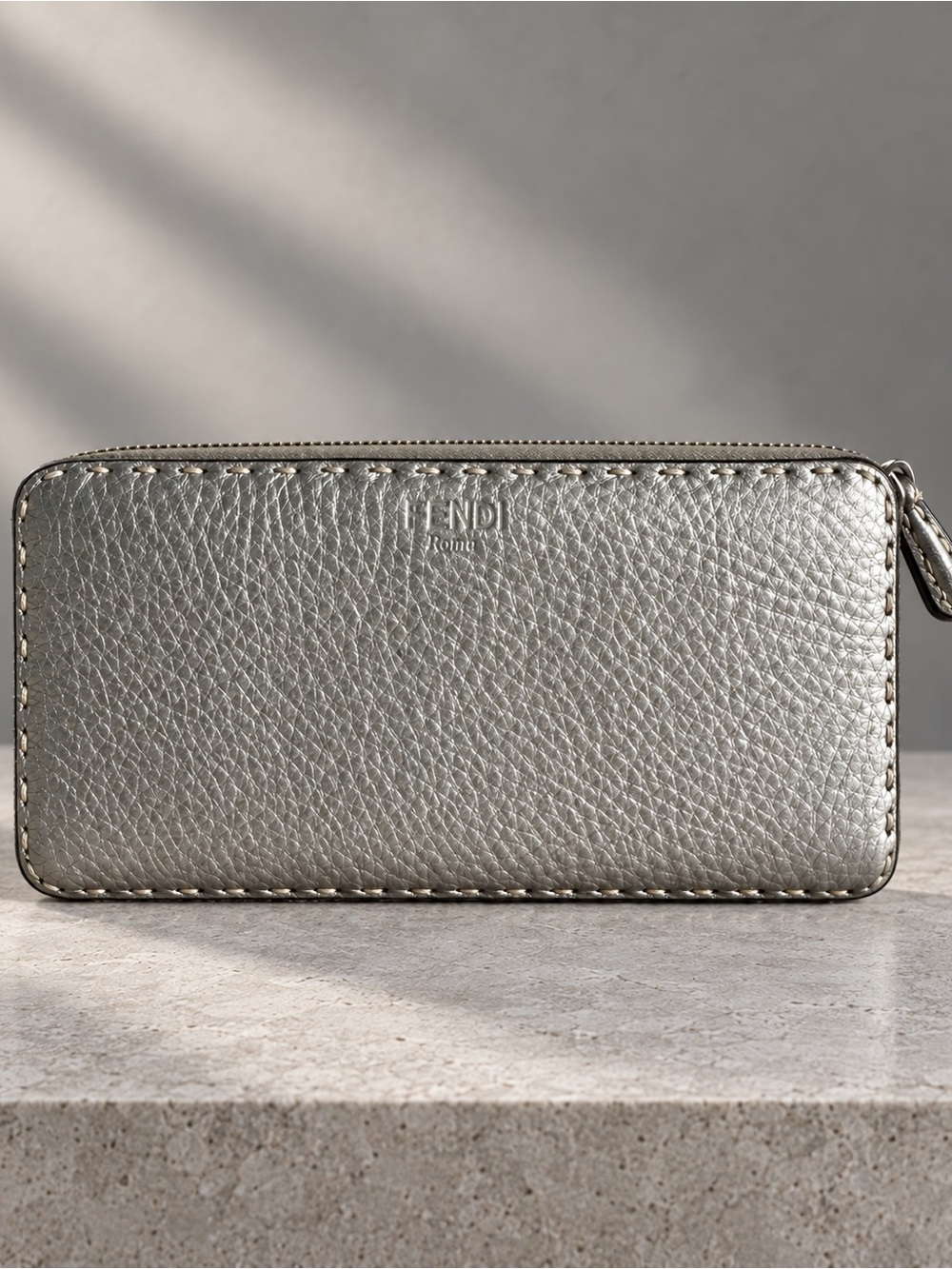 Fendi Selleria Metallic Silver Pebbled Cuoio Romano Leather Zip Around Wallet